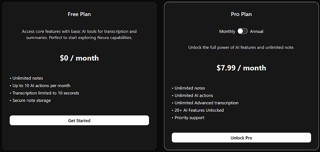 Pricing screenshot