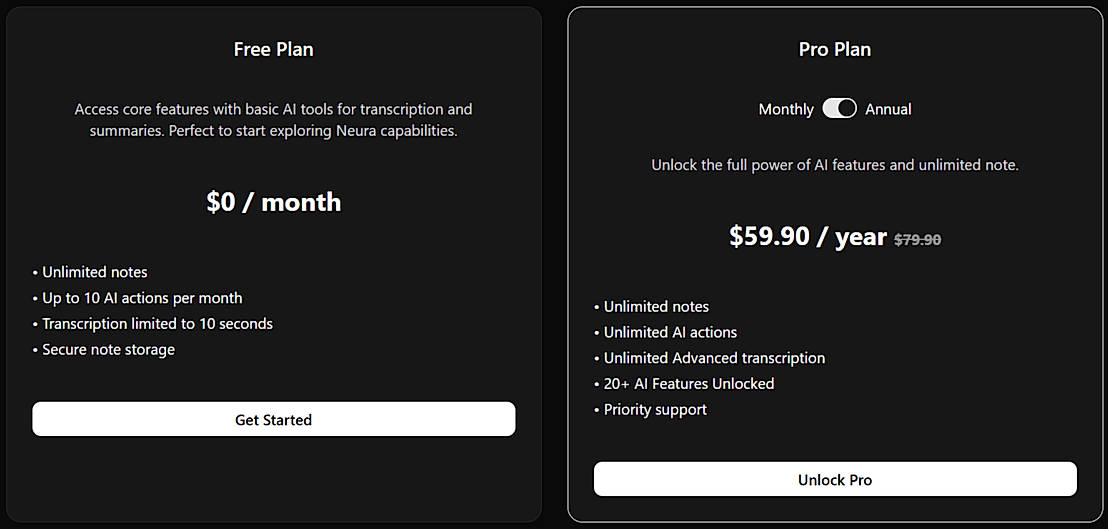 Pricing screenshot