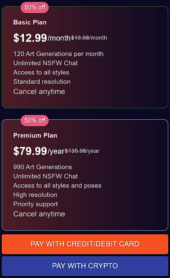 Pricing screenshot