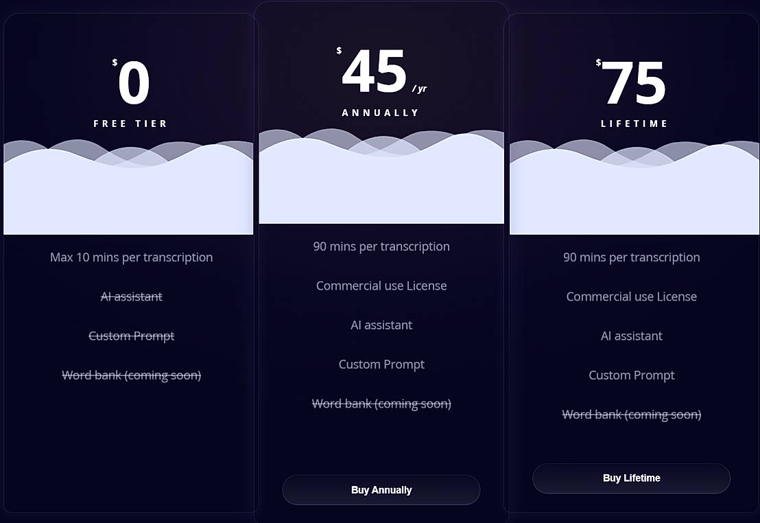 Pricing screenshot