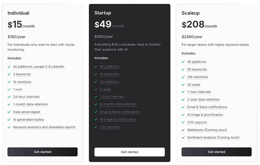 Pricing screenshot