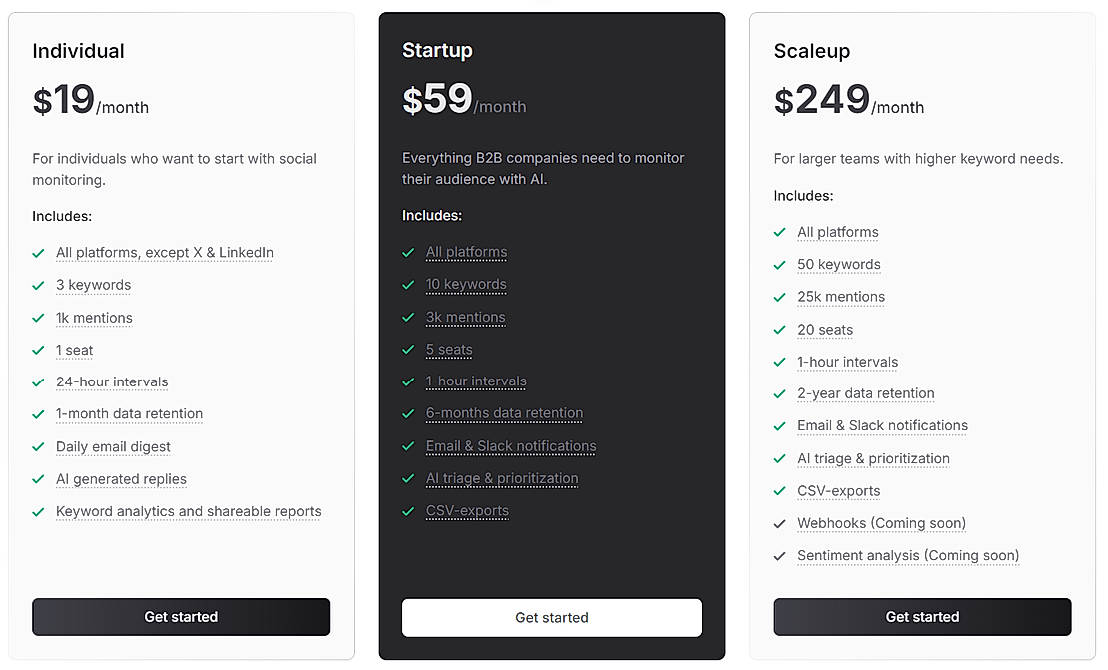 Pricing screenshot