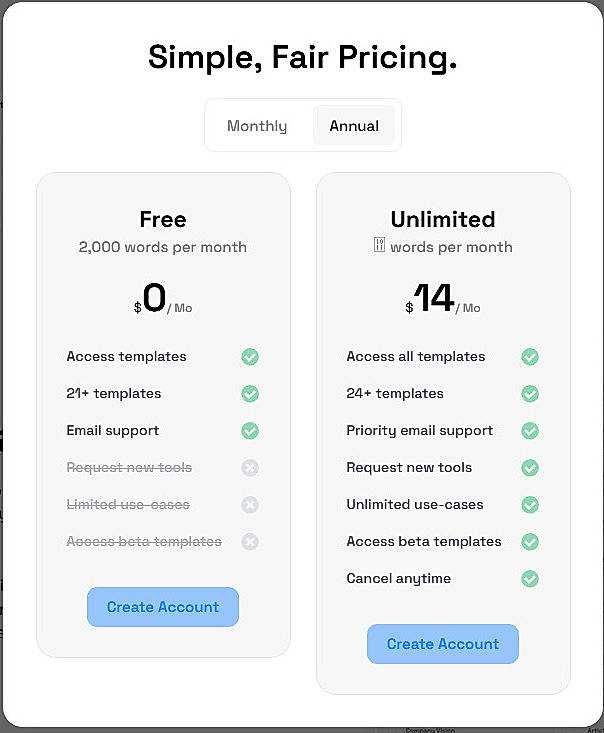 Pricing screenshot
