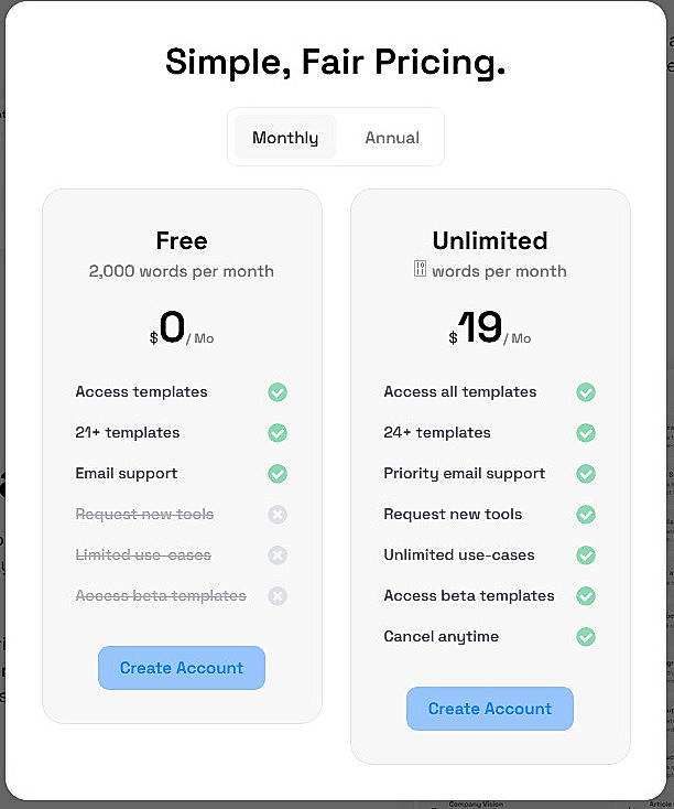 Pricing screenshot
