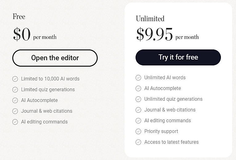 Pricing screenshot