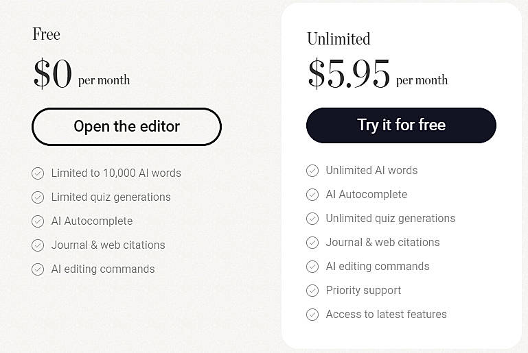 Pricing screenshot