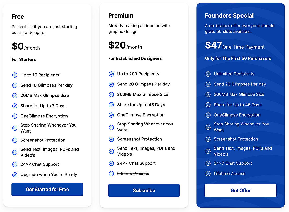 Pricing screenshot