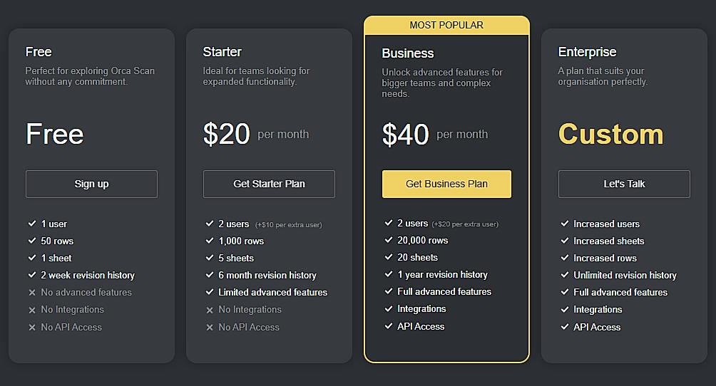 Pricing screenshot