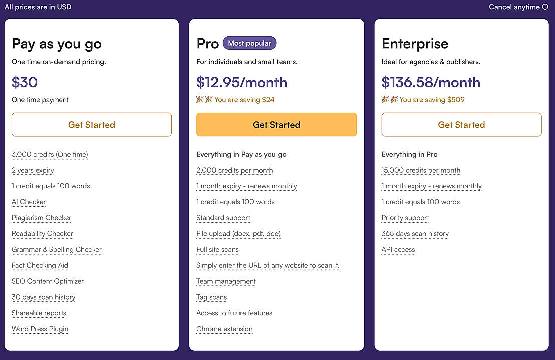 Pricing screenshot