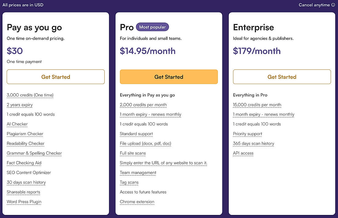 Pricing screenshot