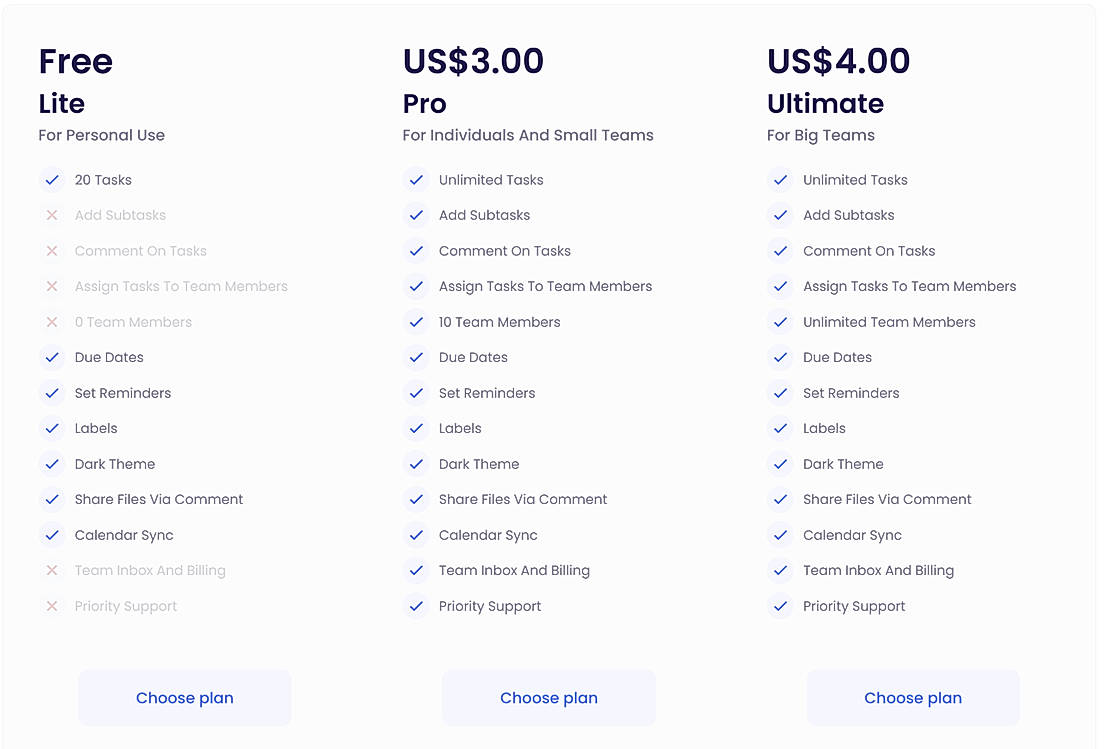 Pricing screenshot