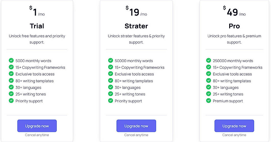 Pricing screenshot