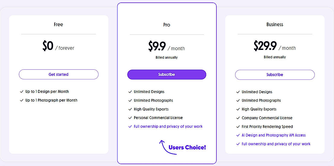 Pricing screenshot