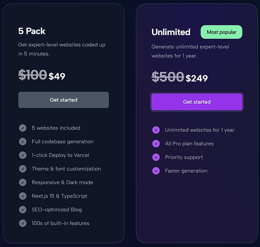 Pricing screenshot