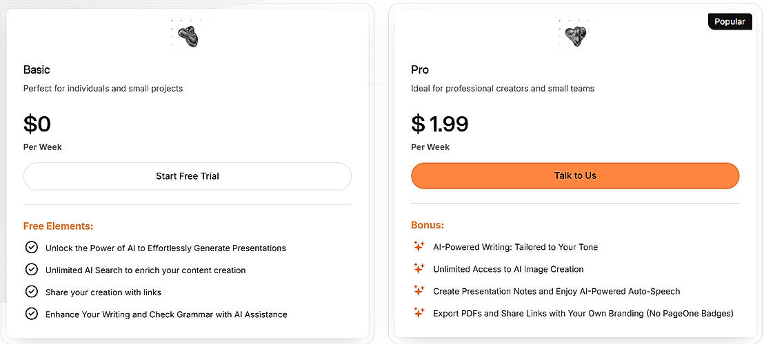 Pricing screenshot