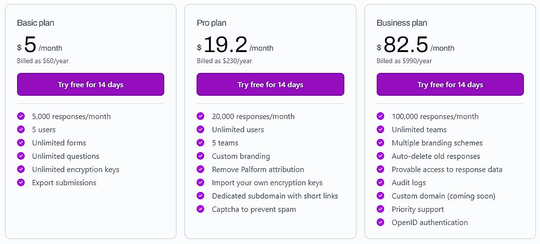 Pricing screenshot
