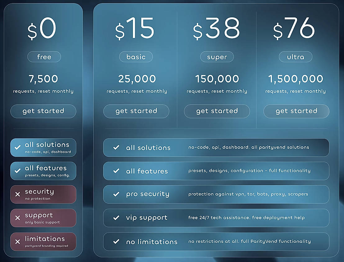Pricing screenshot