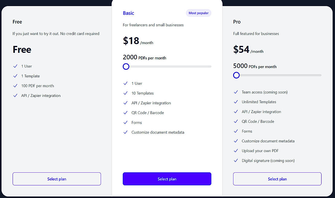 Pricing screenshot