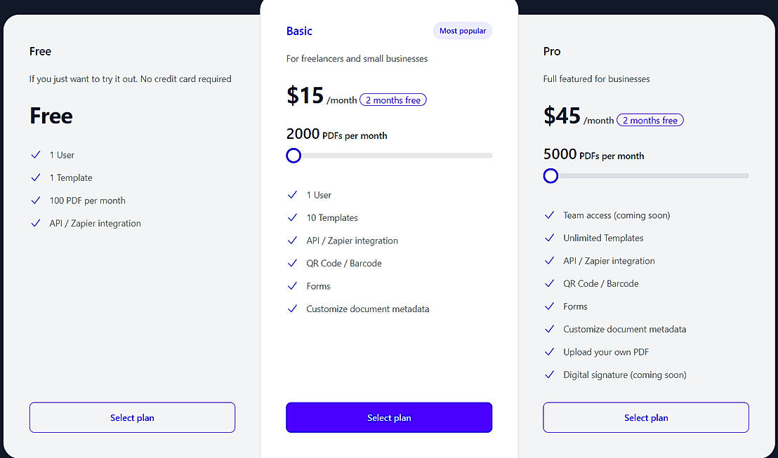 Pricing screenshot