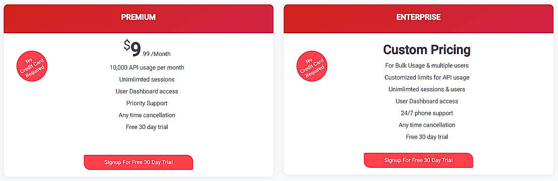 Pricing screenshot