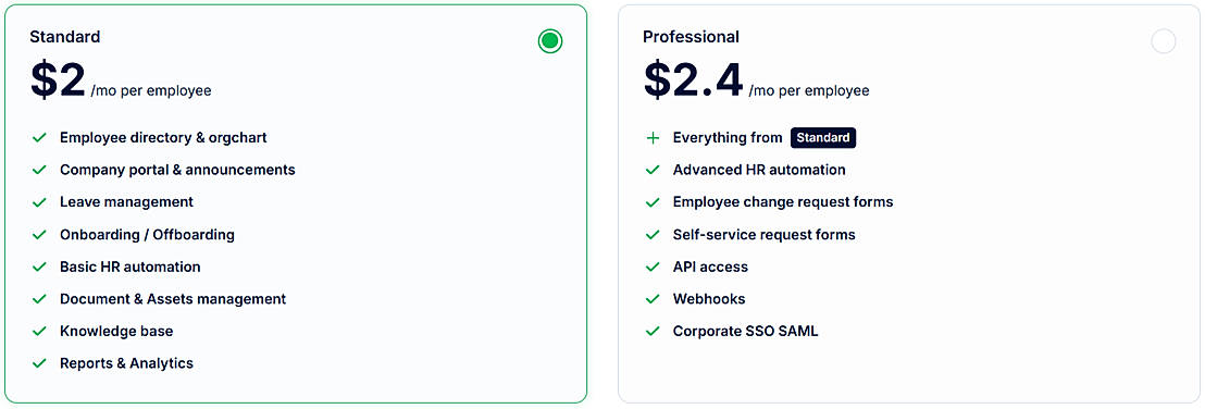 Pricing screenshot