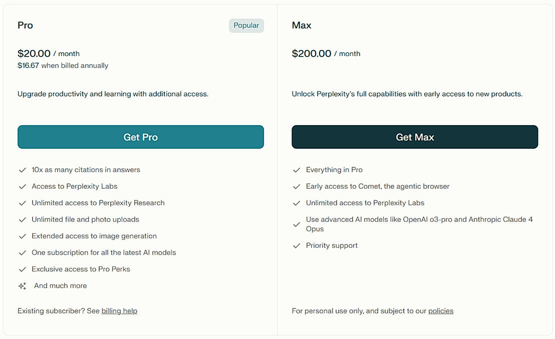 Pricing screenshot