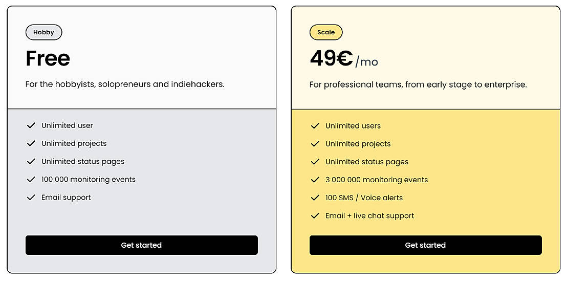 Pricing screenshot