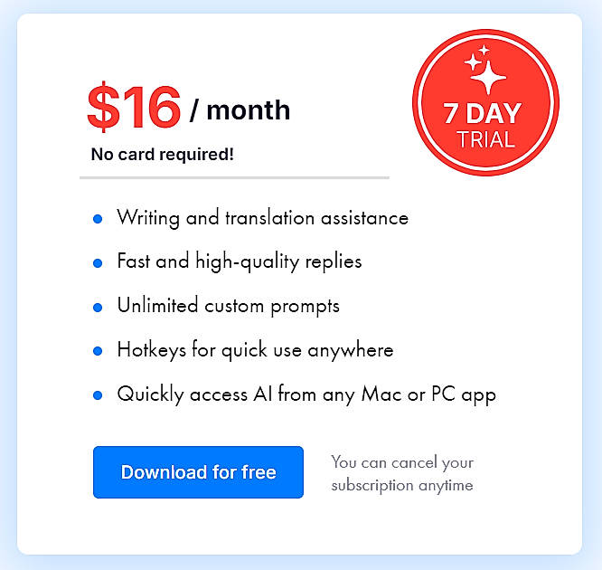 Pricing screenshot