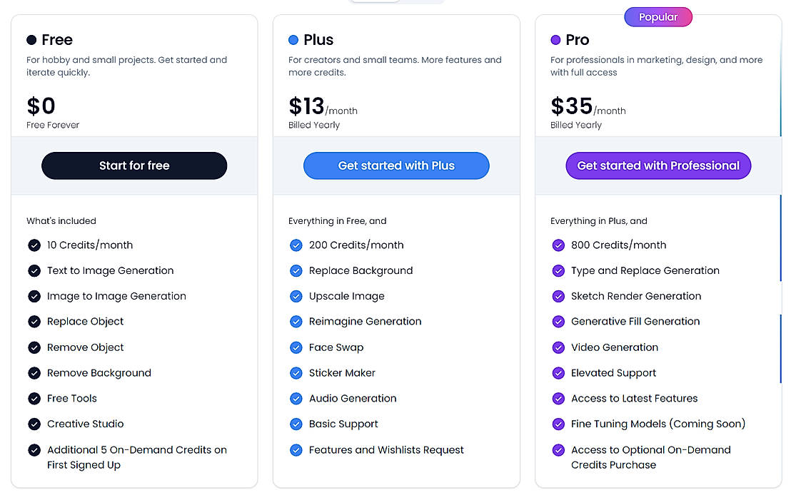 Pricing screenshot