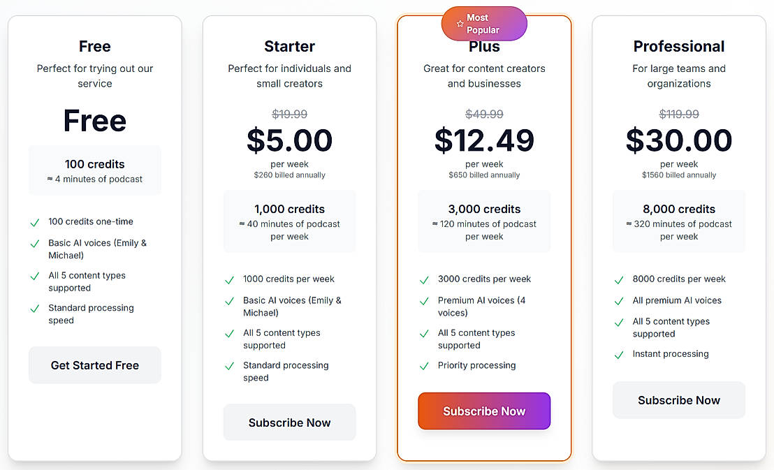 Pricing screenshot