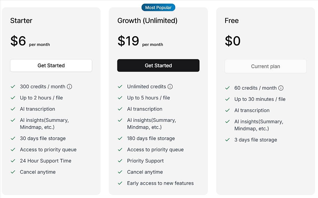 Pricing screenshot