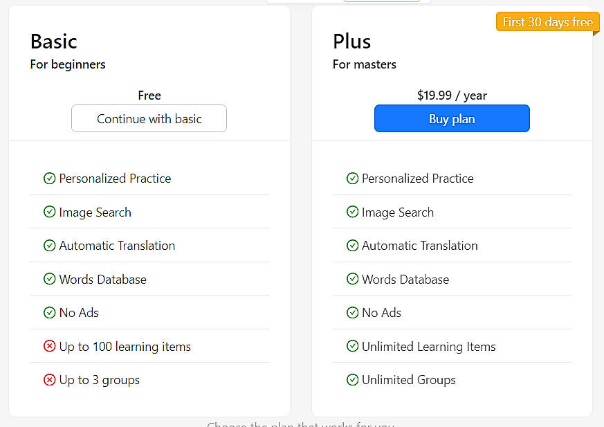 Pricing screenshot
