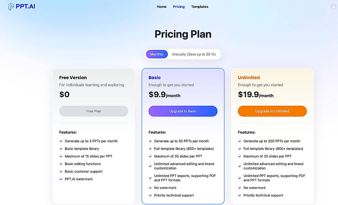 Pricing screenshot