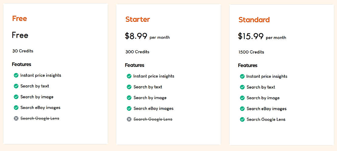 Pricing screenshot