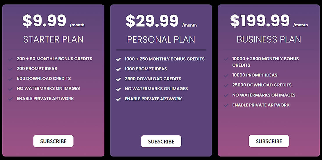 Pricing screenshot