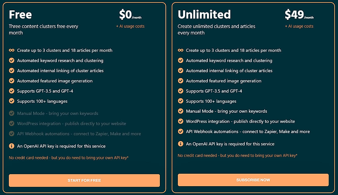 Pricing screenshot