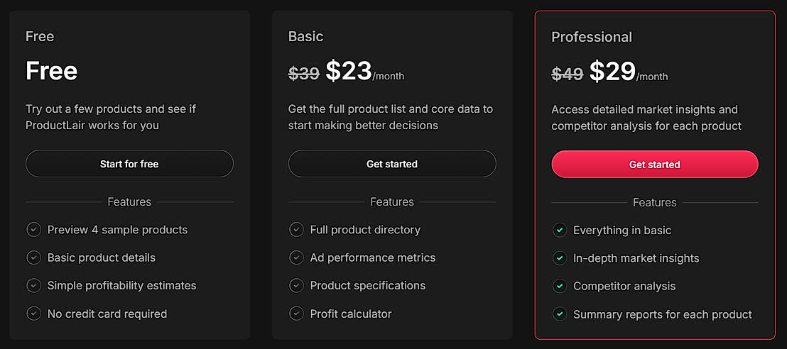 Pricing screenshot