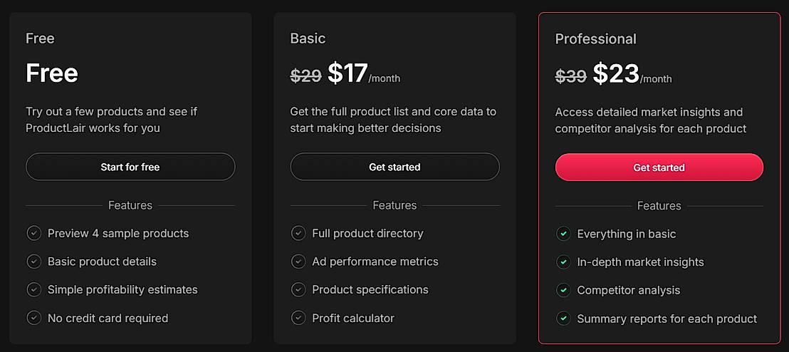 Pricing screenshot