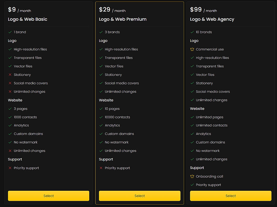 Pricing screenshot