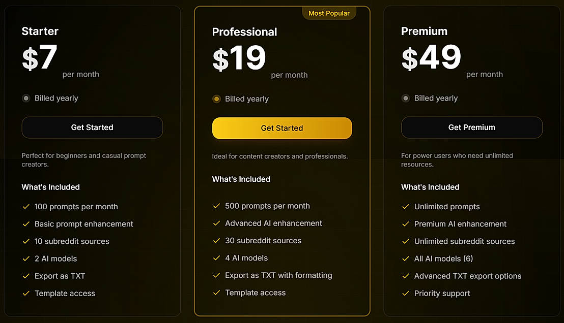 Pricing screenshot