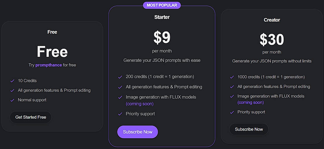Pricing screenshot