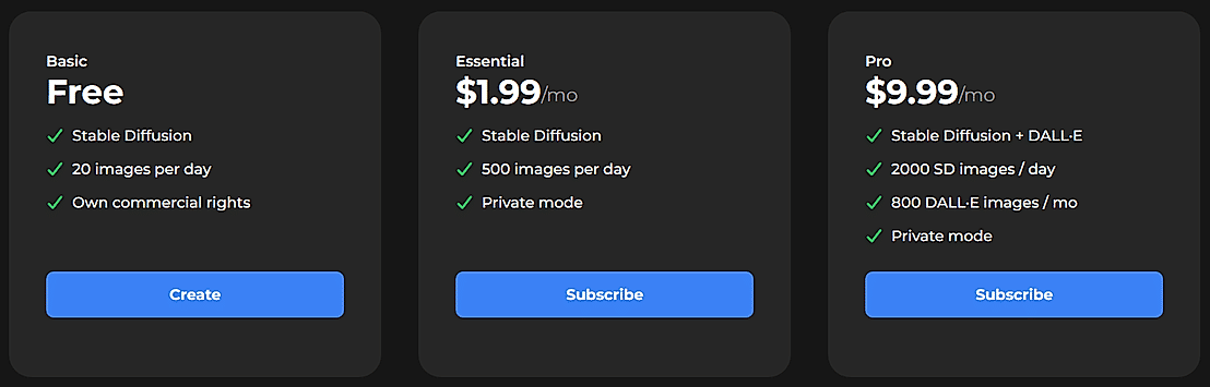 Pricing screenshot