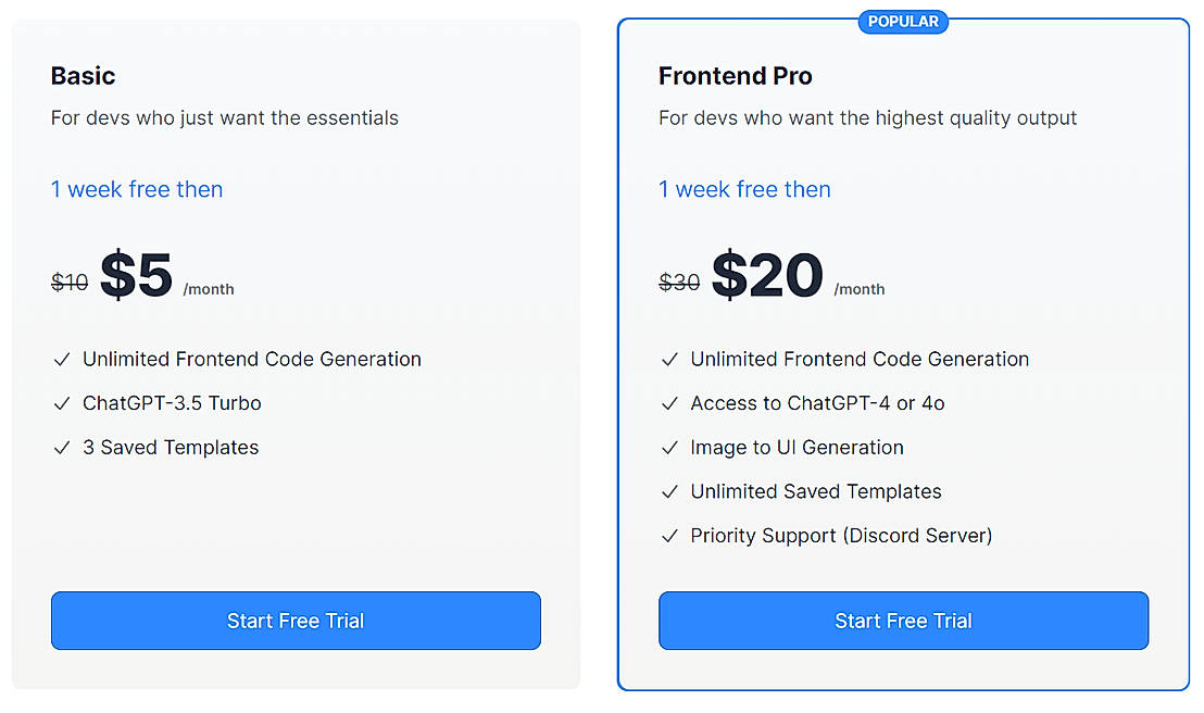 Pricing screenshot