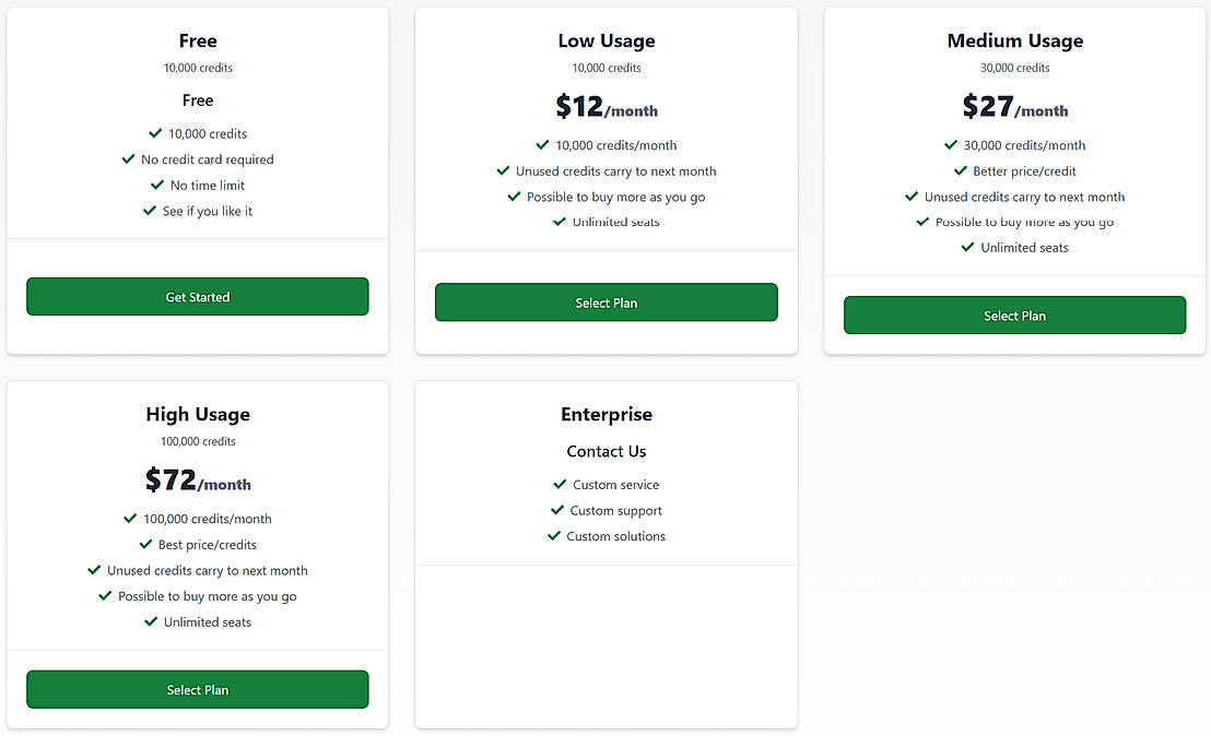 Pricing screenshot