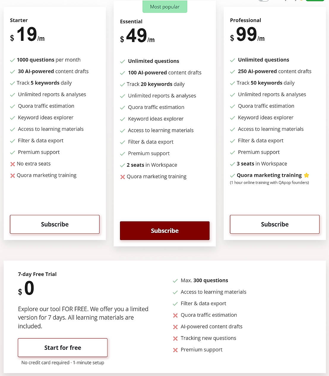Pricing screenshot