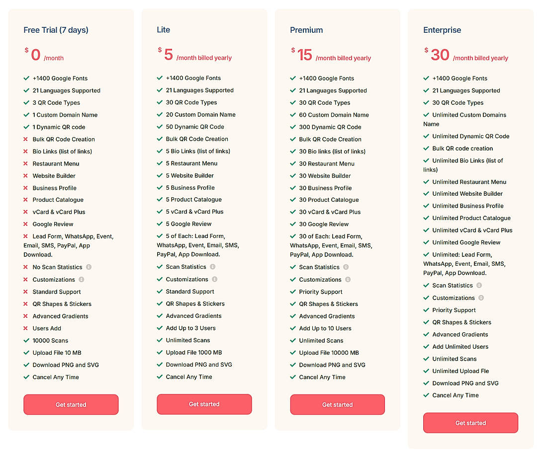 Pricing screenshot