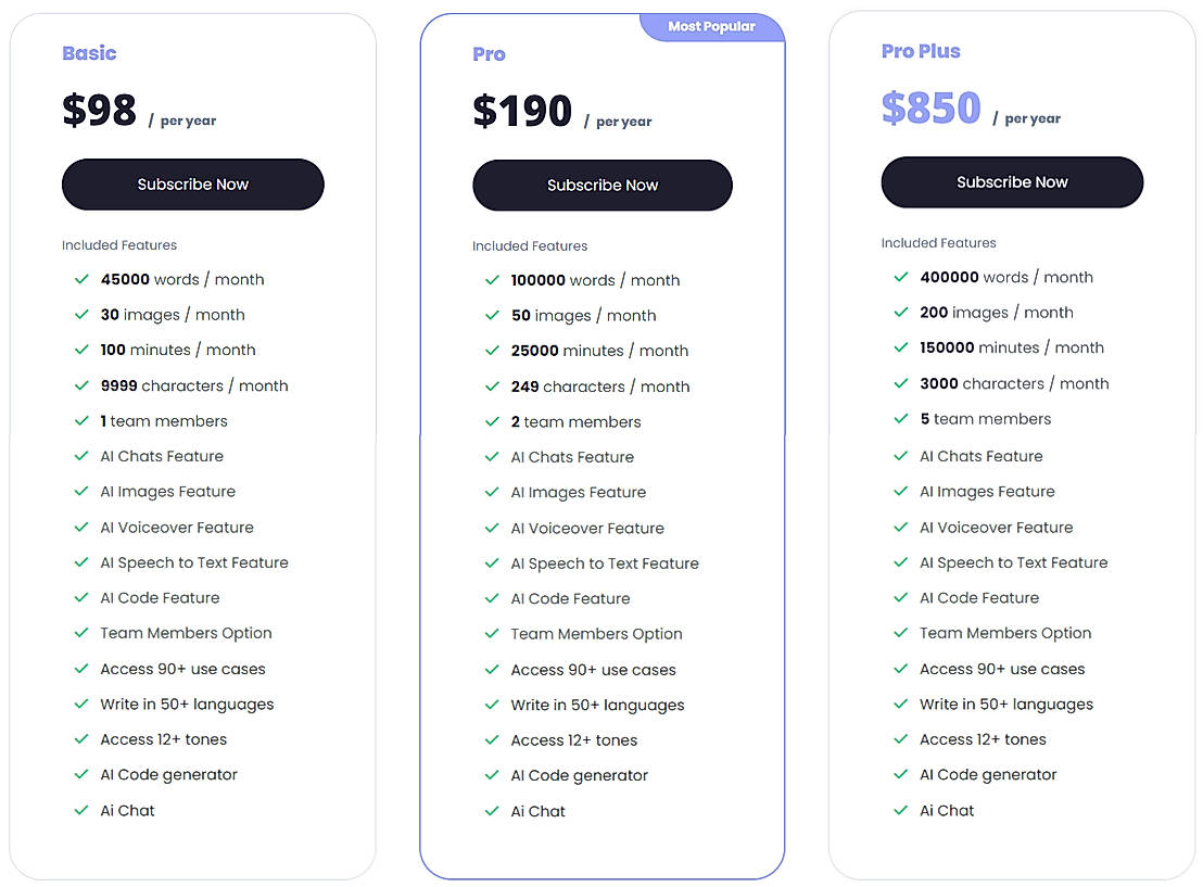 Pricing screenshot