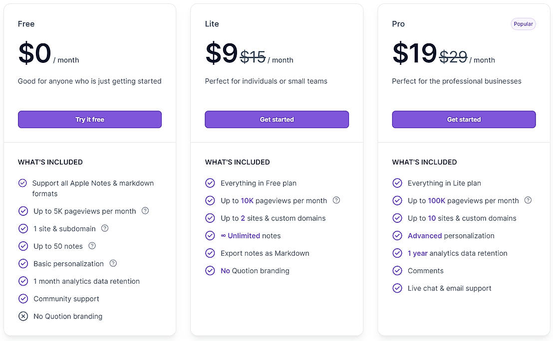 Pricing screenshot
