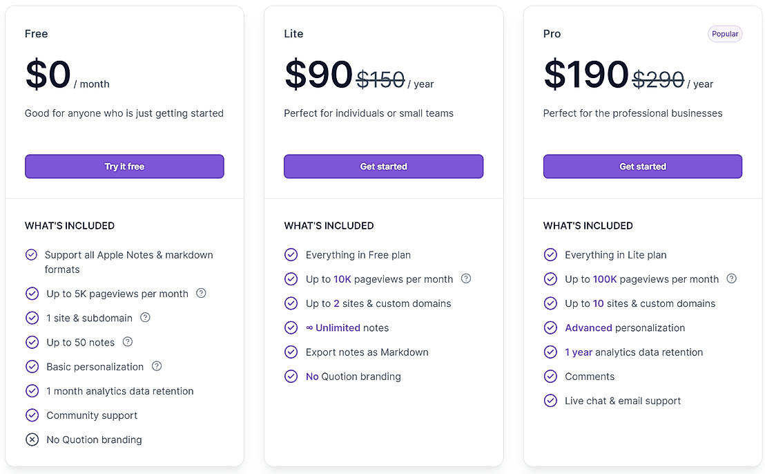 Pricing screenshot