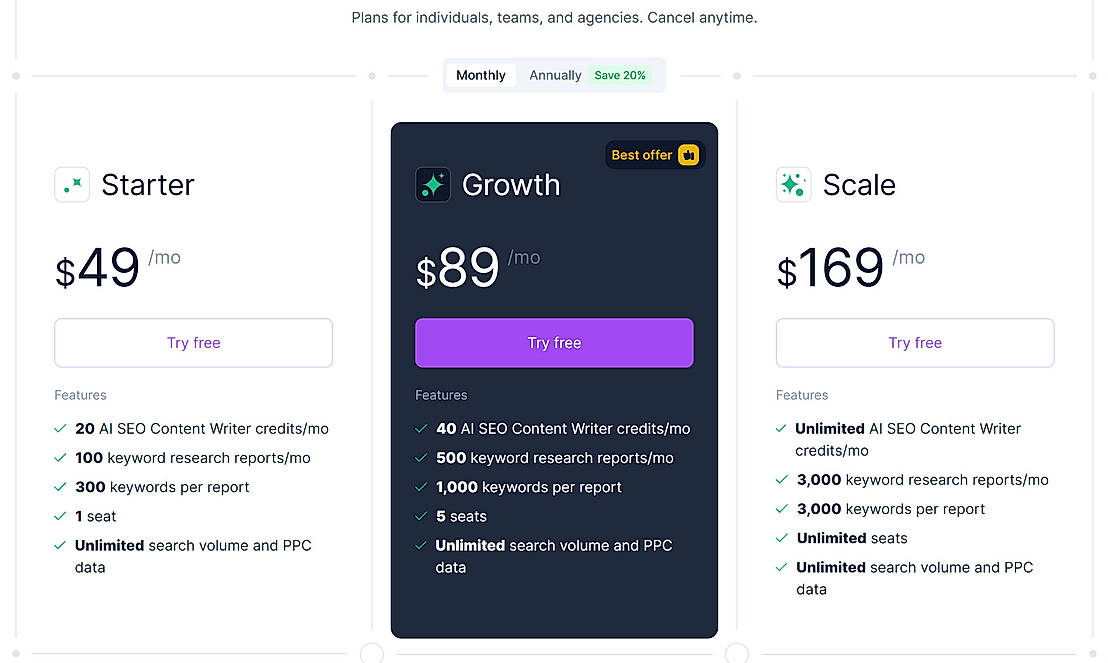 Pricing screenshot